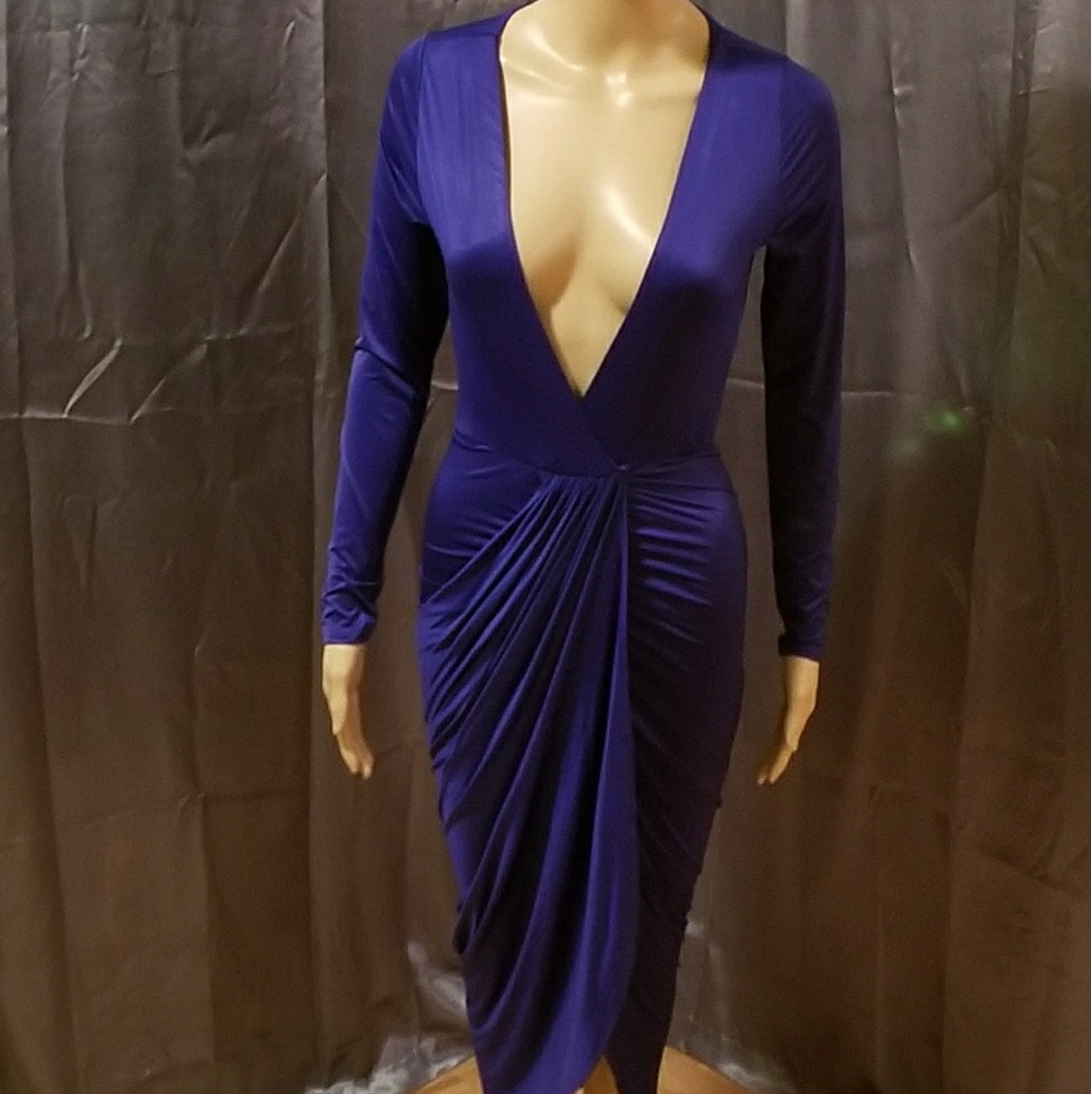 Blue plunge neck midi long sleeve dress